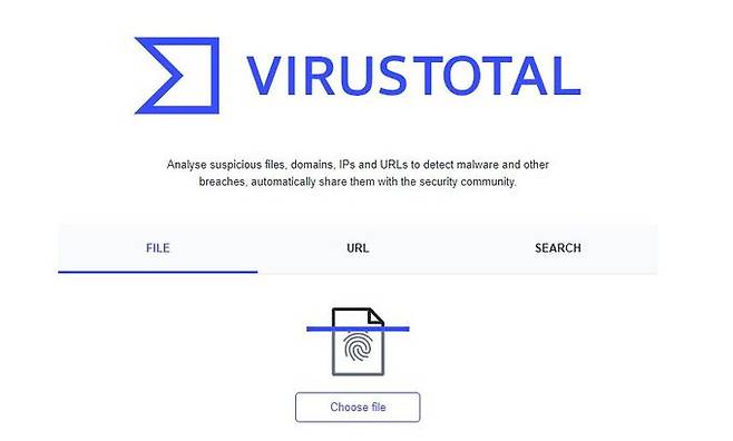 ‘바이러스 토탈’ 홈페이지 화면. 파일을 올리면 안전성 검사를 실시한다. 바이러스 토탈 홈페이지 캡처