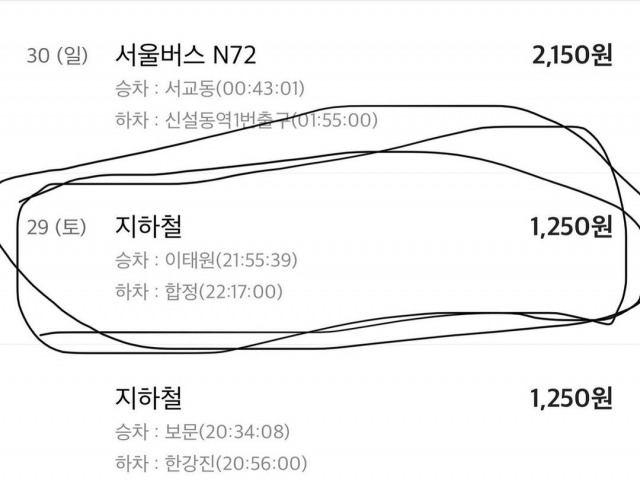 B씨가 올린 지난 29일 당시 지하철 탑승 기록. 인스타그램 갈무리