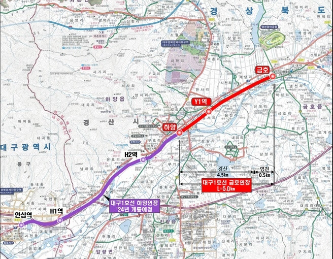 대구 1호선 하양∼영천 연장 사업 노선도 [경북도 제공. 재판매 및 DB 금지]