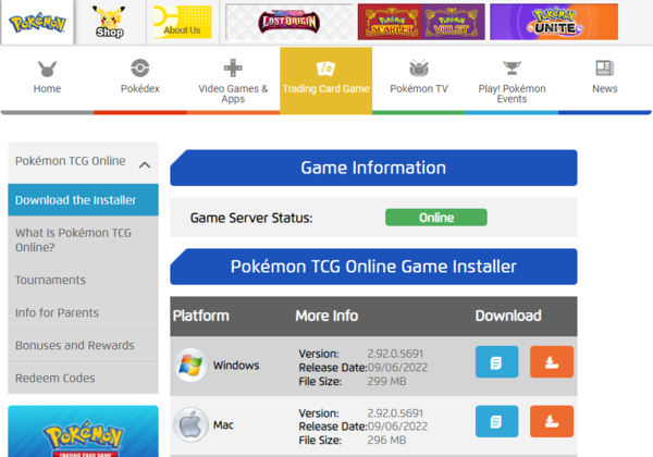 PTCGO는 포켓몬컴퍼니 공식 홈페이지에서 다운로드 받을 수 있다