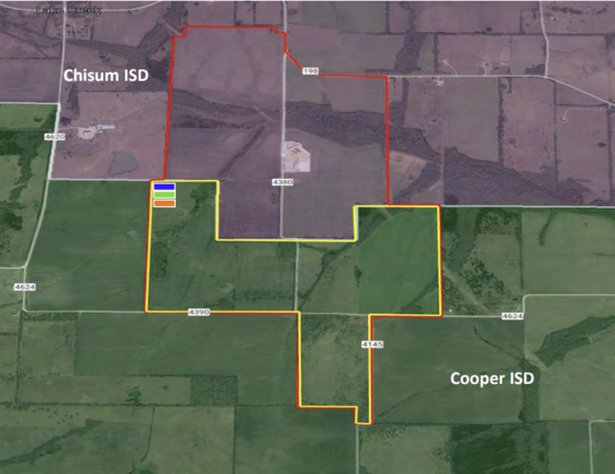 The area outlined in red is the proposed site of a solar power plant by Samsung C&T in Delta County, Texas. [TEXAS COMPTROLLER]