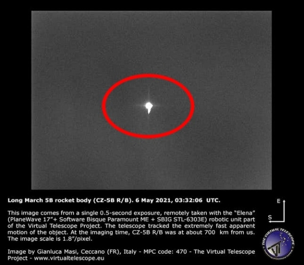 2021년 5월 이탈리아의 천문학자들이 중국 창정5B 로켓 잔해로 추정되는 우주 물체의 이미지를 처음으로 포착해 공개했다