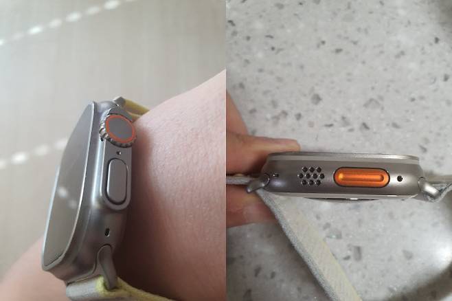 애플워치 울트라의 측면. 디지털 크라운을 외부 티타늄 본체가 보호하는 구조다.(왼쪽) 애플워치 울트라만 적용된 오렌지색 동작 버튼. (사진=김정유 기자)