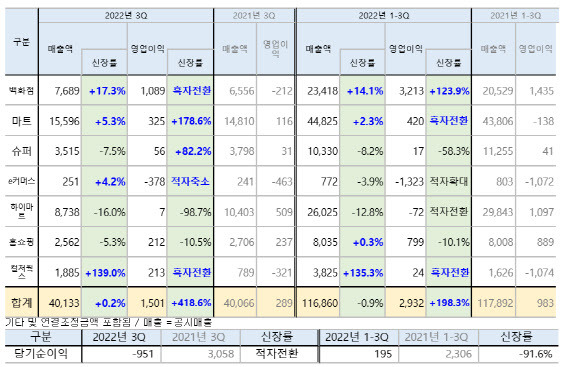 롯데쇼핑 3분기 실적 현황.(사진=롯데쇼핑)