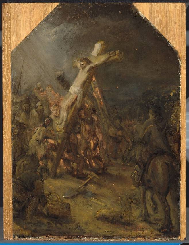 렘브란트 반 레인, 십자가에 올려지는 예수(The Raising of the Cross), 판넬에 유채, 39,1 X 30,1 cm, 네덜란드 헤이그 브레디우스 미술관 /로이터=뉴스1