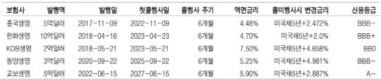 보험사 외화 신종자본증권 발행 내역. DB금융투자 제공