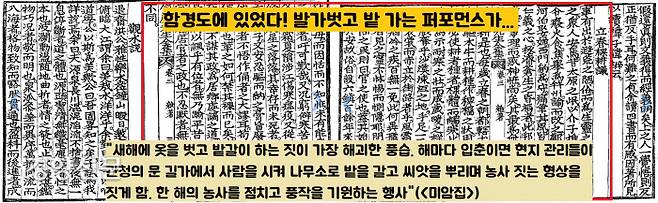 발가벗은 채 따비질하는 남성의 정체는 조선조 중기 문인 학자인 미암 유희춘의 <미암일기>에서 그 실마리를 잡을 수 있다. 유희춘이 19년간 함경도 유배생활 도중 겪은 일을 언급하면서 ‘나경’, 즉 ‘발가벗고 농사짓기’ 이벤트를 거론한다.