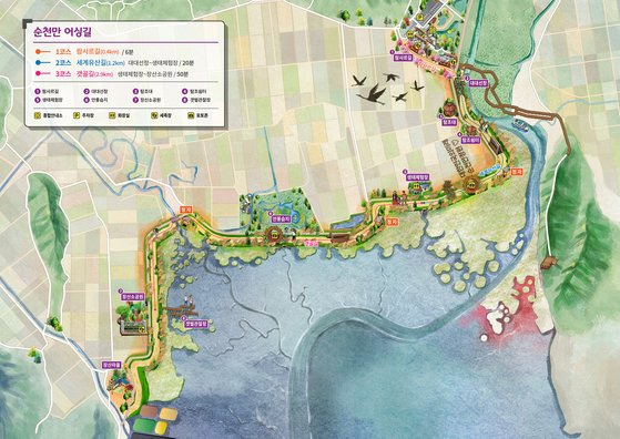 내년 4월 국제정원박람회를 앞두고 정비 중인 전남 순천시 ‘순천만습지’ 내 어싱길 조감도. 순천만 연안과 내륙의 람사르습지를 연결하는 생태 프로젝트다. 어싱(earthing)은 맨발 걷기로 땅과의 접지를 꾀하는 자연치유법이다. 사진 순천시
