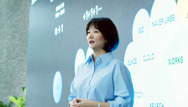 Choi Soo-yeon, CEO of Naver, speaks to reporters at the company’s new building 1784 in Panggyo, Gyeonggi Province, on April 13. (Naver)