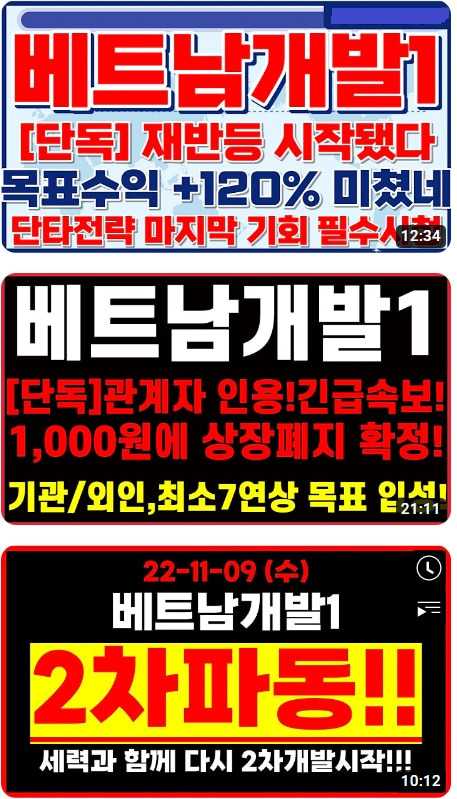 유튜브에서 '베트남개발1'을 치면 근거없는 제목을 내건 동영상들이 주르륵 뜬다. 증권업계 관계자는 "유튜브에 떠도는 얘기는 전혀 사실이 아니며 공시를 믿어야 한다"고 말했다.