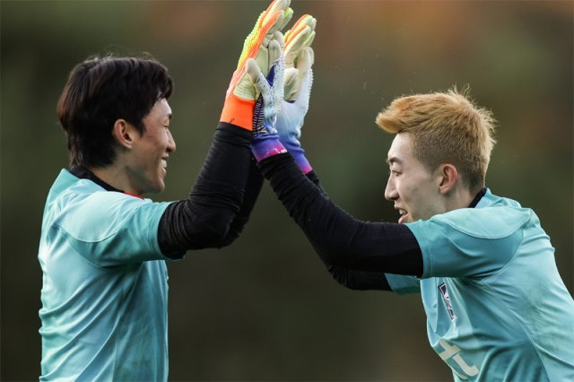 한국 축구대표팀 김승규(왼쪽)와 조현우가 4년 전에 이어 2022 카타르 월드컵에서도 주전 수문장 경쟁을 펼치고 있다. 2018 러시아 월드컵에서는 조현우가 골문을 지켰지만, 이번 월드컵을 앞두고는 김승규가 주전 골키퍼로 많이 나서고 있다. 사진은 4일 경기 파주 축구 국가대표트레이닝센터(NFC)에서 훈련하던 중 하이파이브를 하고 있는 두 선수. 대한축구협회 제공