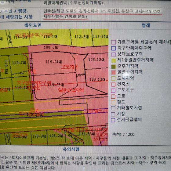 캡처 윗부분 빨간 줄 친 부분에 해당 로로의 경계선에서 3m 후퇴한 선이 건축선이라는 내용이 나와있다. 용산구청