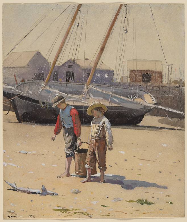 ‘조개 바구니(A Basket of Clams)’(1873). 해변가 마을에서 지내며 마을 사람들의 일상을 포착한 작품이다. 호머가 작업 초기에 주로 사용한 수채 물감 표현을 볼 수 있다.