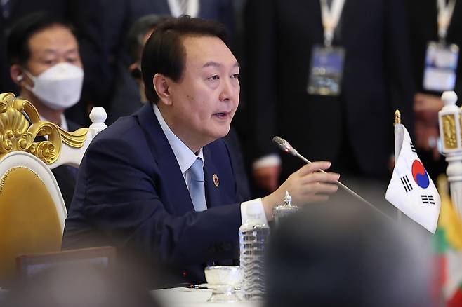 President Yoon Suk-yeol speaks during the ASEAN+3 summit held in Phnom Penh, Cambodia, Saturday morning. (Yonhap)