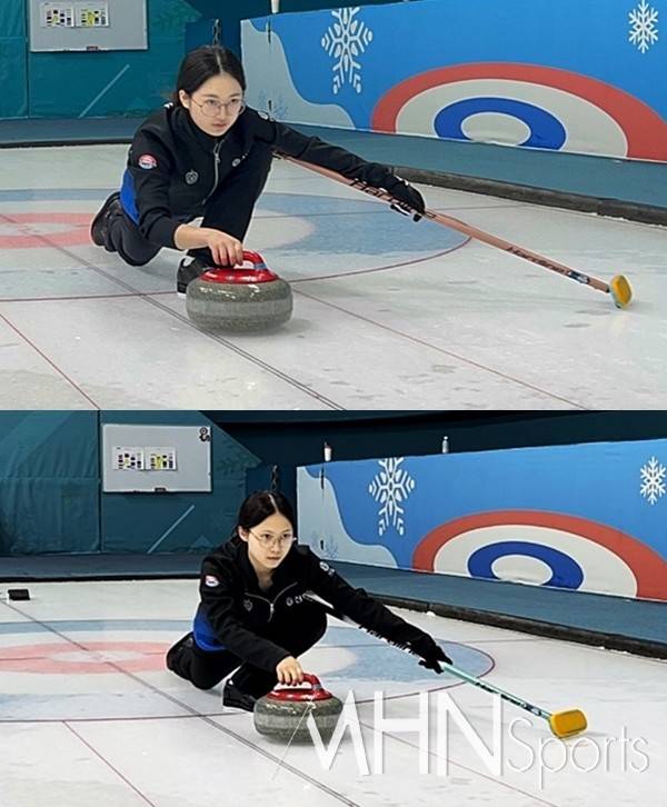 이보영 선수와 곽진경 선수(위부터)가 스톤을 드로우 하고 있다. (이효경 유봉여고 코치 제공)
