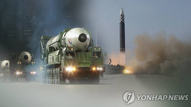 北, 을사조약 117주년에 "강해지고 봐야한다" 다짐. 사진은 북한 대륙간탄도미사일(ICBM) 화성-17형 (CG) [연합뉴스TV 제공]