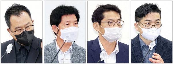 14일 부산시의회의 부산시건설본부 보충 감사에서 발언하고 있는 참고인들. 왼쪽부터 박내범 일신설계 사장, 김행범 건설사업관리단(CM) 단장, 최종진 HJ중공업 현장소장, 김성진 위드웍스 대표.  전민철 기자