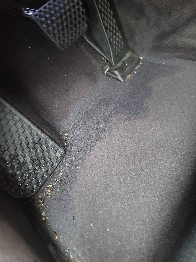 누수로 제네시스 ‘G80’의 발 매트가 젖어있다. 제보자 제공