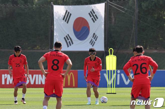 파울루 벤투 감독이 이끄는 대한민국 축구대표팀 캡틴 손흥민이 16일 오전(현지시간) 카타르 도하 알 에글라 트레이닝센터에서 안면 보호대를 착용하고 훈련을 하고 있다. 2022.11.16/뉴스1 ⓒ News1 이광호 기자