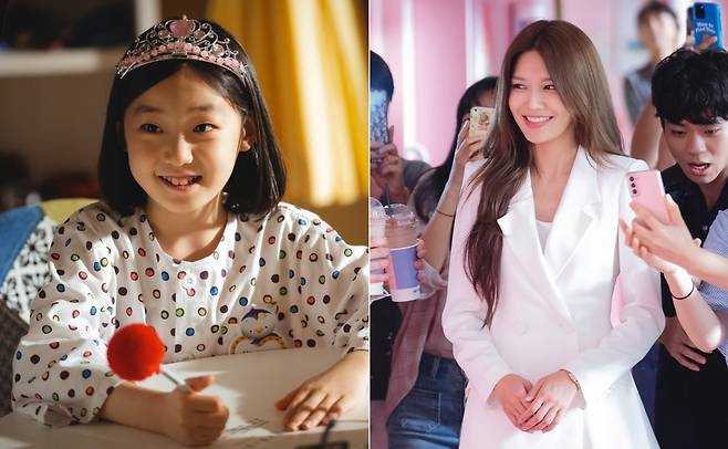 Shin Yeon-woo (left) and Choi Soo-young play a child fan Yuna and top star Han Kang-hee, respectively, in "Please Send Me a Fan Letter" (MBC)