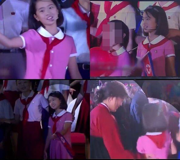 북한의 9·9절 축하 공연 무대에 등장한 소녀가 김정은과 리설주의 딸 '김주애'로 보인다는 보도가 나와 정부가 분석 중이다. 2013년생인 김주애로 추정한 것은 이 소녀가 혼자 머리띠를 하고 카메라가 집중적으로 잡는가 하면 리설주가 공연 뒤 특별히 챙기는 모습(오른쪽 아래)을 보였기 때문이다. /JTBC