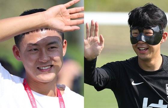 카타르 현지 훈련장서 만난 손흥민(오른쪽)과 이승우. 연합뉴스