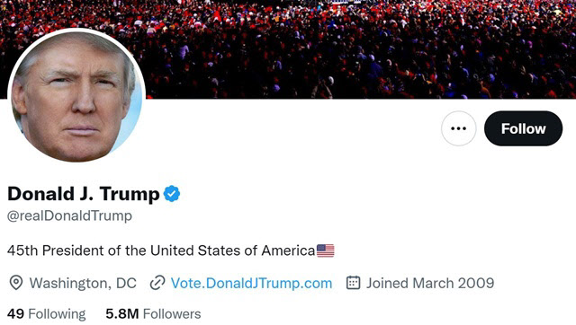 도널드 트럼프 전 미국 대통령의 트위터 계정.(자료=트위터)
