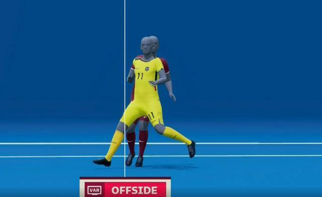 2022 카타르 월드컵 개막전인 카타르와 에콰도르의 경기에서 전반 3분에 SAOT 기술로 판독된 오프사이드 장면. 이 판독으로 에콰도르의 첫 골은 무산됐다. KBS 중계화면 캡처