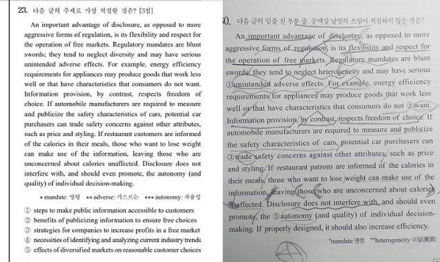 온라인 커뮤니티에 올라온 2023학년도 수능 영어 23번 문제(왼쪽)와 유명 강사 모의고사 문제.