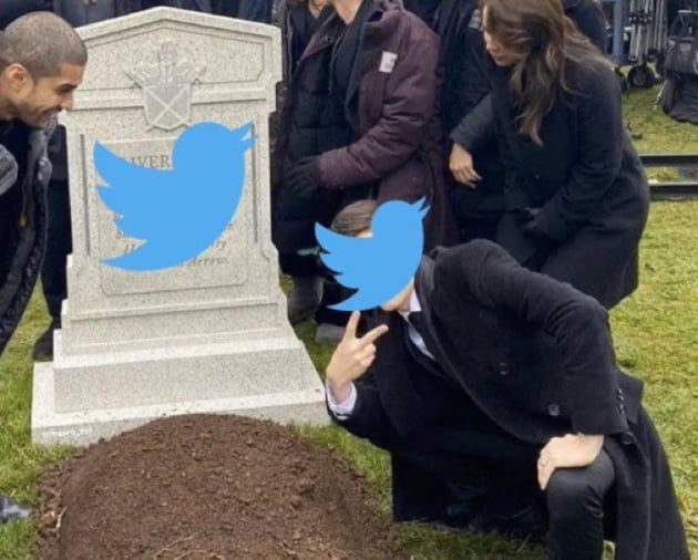 지난 18일 머스크가 무덤 앞 묘비와 사람 얼굴에 트위터 로고를 붙인 사진을 자신의 트위터에 올리면서 이용자들의 불안은 한 층 더 가중됐다.(사진=일론 머스크 트위터 갈무리)