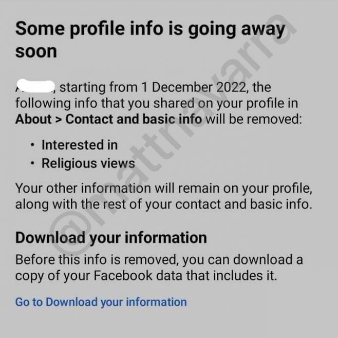 페이스북이 내달부터 이용자 프로필에 포함된 종교·정치·성적 지향 및 주소 4개의 정보를 삭제한다. 사진은 매트 나바라 소셜 미디어 컨설턴트다 자신의 트위터를 통해 올린 페이스북 이용자 공지문 캡처본. /사진=매트 나바라 트위터
