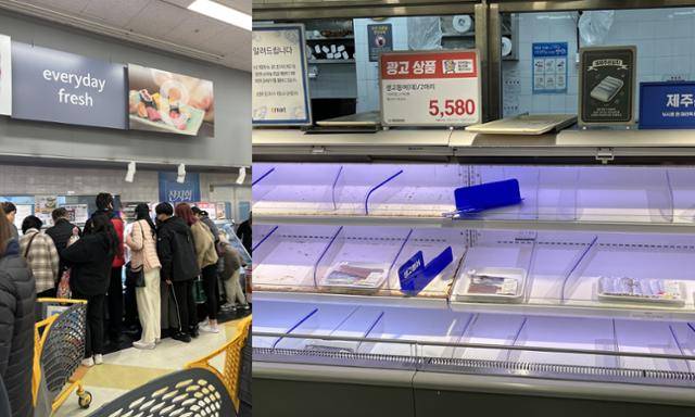 신세계그룹이 '쓱세일'을 진행한 19일 경기 용인시의 한 이마트 매장 수산코너에 고객이 몰려 있는 모습(왼쪽)과 고객이 지나간 후 텅 빈 매대의 모습. 독자 제공