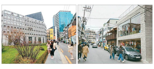 최근 서울 성동구 성수동 일대의 명품 매장 주변으로 사람들이 몰려들고 있다. 왼쪽은 디올, 오른쪽은 비이커 매장.  <이승환 기자>