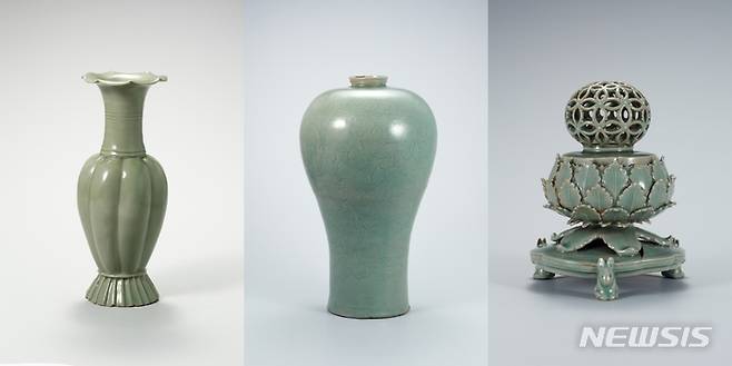 [서울=뉴시스] 사진 왼쪽부터 청자 참외모양 병(고려 12세기, 국보, 높이 22.7㎝), 청자 음각 연꽃무늬 매병(고려 12세기, 국보, 높이 43.9㎝), 청자 투각 칠보무늬 향로(고려 12세기, 국보, 높이 15.3㎝). (사진=국립중앙박물관 제공) 2022.11.22. photo@newsis.com *재판매 및 DB 금지