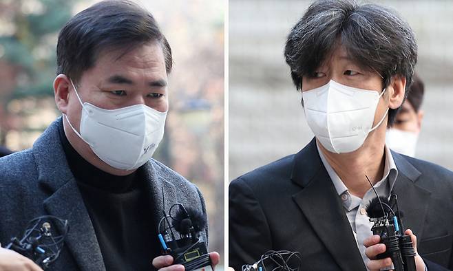 유동규 전 성남도시개발공사 본부장(왼쪽)과 남욱 변호사가 21일 서울 서초구 서울중앙지방법원에서 열린 대장동 개발 사업 로비·특혜 의혹 관련 1심 속행 공판에 출석하고 있다. 연합뉴스