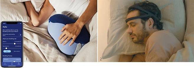 1 섬녹스 로봇과 수면 상태를 측정하는 연동 앱. 2 드림 헤어밴드를 착용한 모습. /각 사 제공