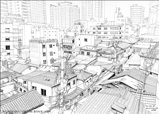 이정하 정신장애와 인권 파도손 대표가 그린 파도손 쉼터가 있는 서울 을지로 인쇄골목 전경(우리가 여기에 있다1). 그는 이곳에서는 당사자들과 지역사회가 어울려 지낸다면서 전국이 을지로 인쇄골목 같았으면 좋겠다고 설명했다. 국가인권위원회 제공