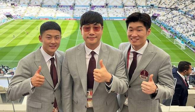 SBS 중계진 이승우, 배성재, 박지성(왼쪽부터). 사진| 김민지 SNS