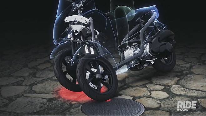 앞바퀴 중 하나가 미끄러져도 나머지 하나가 계속 그립력을 유지하기 때문에 전도의 위험이 크게 줄어든다