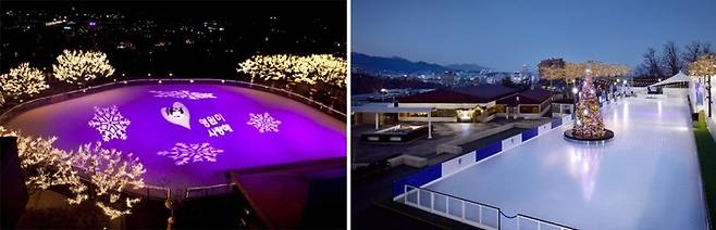 사진 왼쪽부터 그랜드 하얏트 아이스링크, 반얀트리 클럽 앤 스파 서울 오아시스 아이스링크 / 사진 = 각 호텔