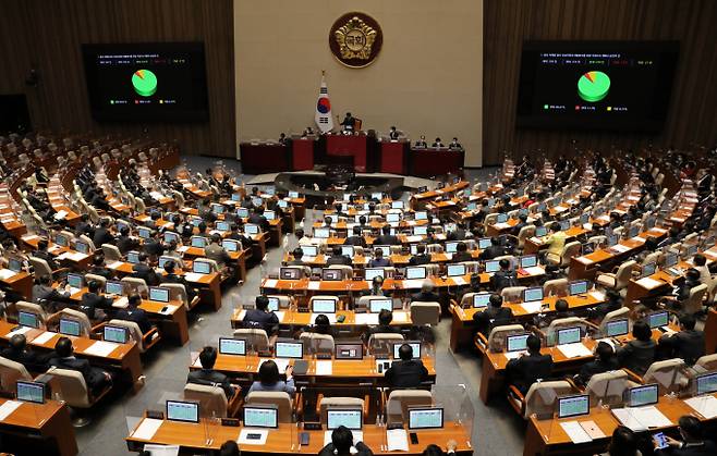 이태원 핼러윈 참사 진상규명과 재발 방지를 위한 국정조사 계획서가 국회 문턱을 넘었다. 사진은 24일 서울 여의도 국회에서 열린 본회의에서 이태원 참사 관련 국정조사 계획서가 승인되는 모습. /사진=뉴시스