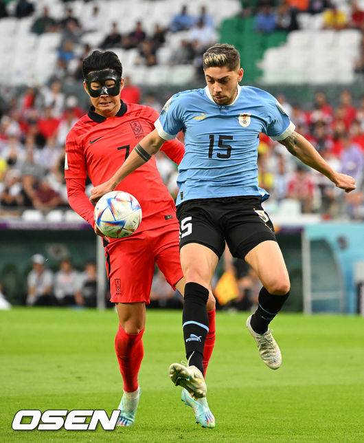 [OSEN=도하(카타르), 박준형 기자] &nbsp;24일(현지시간)  카타르 도하 에듀케이션 시티 스타디움에서 2022 국제축구연맹(FIFA) 카타르 월드컵 조별리그 H조 대한민국과 우루과이의 경기가 진행됐다.전반 한국 손흥민이 우루과이 발베르데와 볼다툼을 하고 있다. 2022.11.24