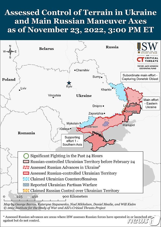 23일(현지시간) 우크라이나 전황. (미국 전쟁연구소,ISW)