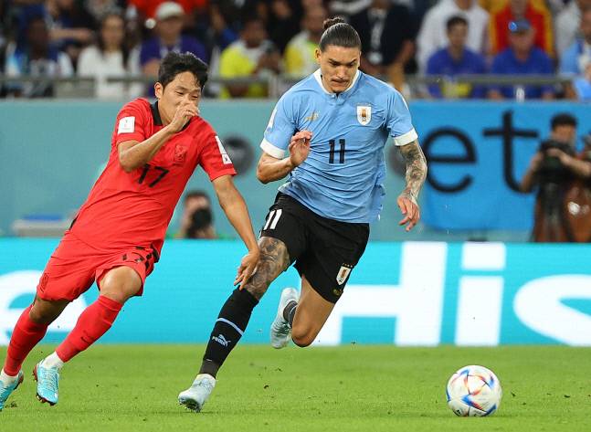 24일 카타르 알라이얀의 에듀케이션 시티 스타디움에서 열린 2022 카타르 월드컵 조별리그 H조 1차전 대한민국과 우루과이 경기. 대한민국의 나상호가 우루과이의 다윈 누녜스와 공을 얻기 위해 경합하고 있다. 연합뉴스