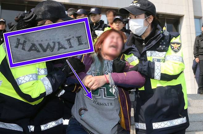 2017년 11월 3일 오후 서울 여의도 국회 본관 앞에서 도널드 트럼프 당시 미국 대통령 방한(訪韓)을 반대하는 불법 기습 시위를 벌이던 대학생이 경찰에 연행되고 있다. 그는 정치 신념과는 별개로 미국 '하와이' 패션을 하고 있었다. /조선일보DB