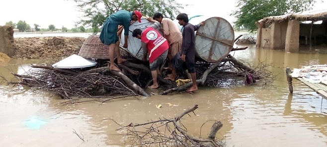 파키스탄적신월사 직원과 봉사원들이 홍수 피해지역에서 구호활동을 전개하고 있다.