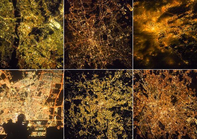 14일 국제우주정거장(ISS)에서 바라본 지구의 야경사진으로 각 국가의 지역마다 불을 밝히고 있다. 인도 델리(위쪽 왼쪽부터 시계방향으로), 독일 베를린, 러시아 모스크바, 프랑스 파리, 이탈리아 로마, 카타르 도하의 모습이다. ISS=TASS 연합뉴스