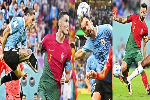 왼쪽부터 우루과이 다르윈 누녜스, 포르투갈 크리스티아누 호날두, 우루과이 디에고 고딘, 포르투갈 브루노 페르난드스. AFP AP EPA AFP 연합뉴스