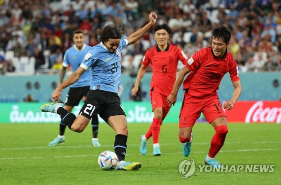 카바니 슛 막는 김영권 (알라이얀=연합뉴스) 김도훈 기자 = 24일 오후(현지시간) 카타르 알라이얀의 에듀케이션 시티 스타디움에서 열린 2022 카타르 월드컵 조별리그 H조 1차전 대한민국과 우루과이 경기. 한국 김영권이 우루과이 카바니의 슛을 막아내고 있다. 2022.11.24 superdoo82@yna.co.kr (끝)