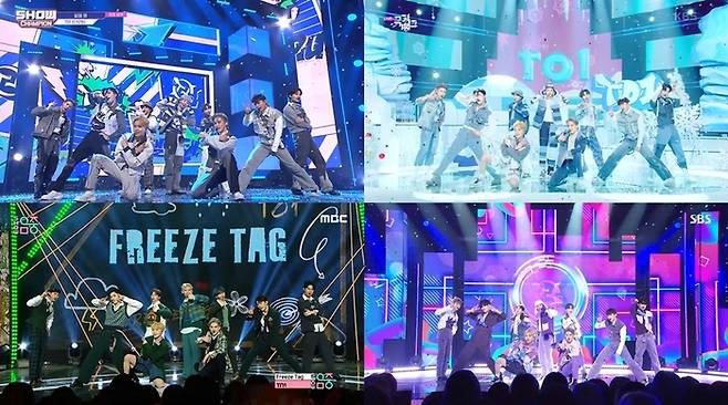 그룹 티오원이 컴백 첫 주 활동을 성료했다.사진=MBC M ‘쇼! 챔피언’, KBS 2TV ‘뮤직뱅크’, MBC ‘쇼! 음악중심’, SBS ‘인기가요’ 방송 화면 캡처